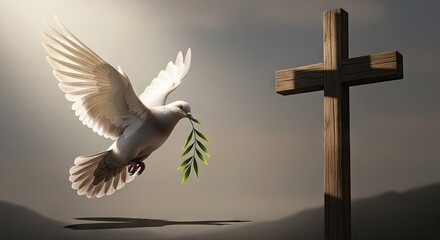 Symbolic white dove carrying olive branch near wooden cross for peace