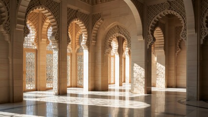 Obraz premium A stunning interior featuring intricate arches and ornate detailing, illuminated by sunlight creating beautiful patterns on the floor.