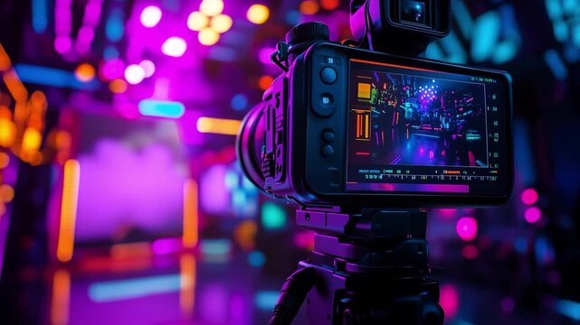 A camera records bright lights and colorful projections while being set up for a live streaming event in a tv studio