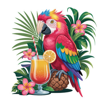 Vibrant tropical parrot perched on pineapple with cocktail isolated on transparent background