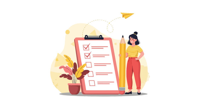 Young woman successfully completing items on a large checklist next to a giant pencil
