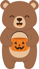 Obraz premium Cute Cartoon Brown Bear Holding a Halloween Jack-o'-Lantern Pumpkin Illustration