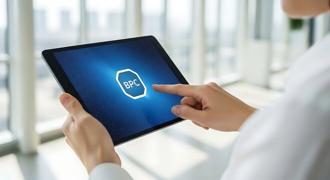 Person holding tablet with BPC on screen BPC screen business
