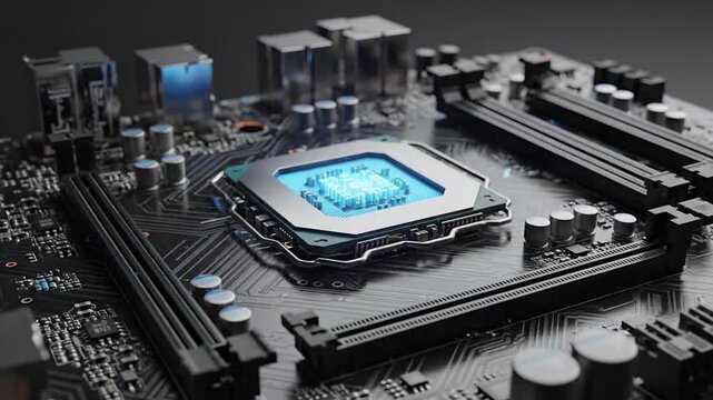 A computer processor with lightning, sits on a circuit board, showing internal hardware