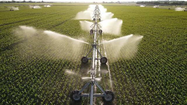 The scene shows an irrigation system watering a vast cornfield. The cornfield is lush and green, with rows of corn plants arranged neatly.