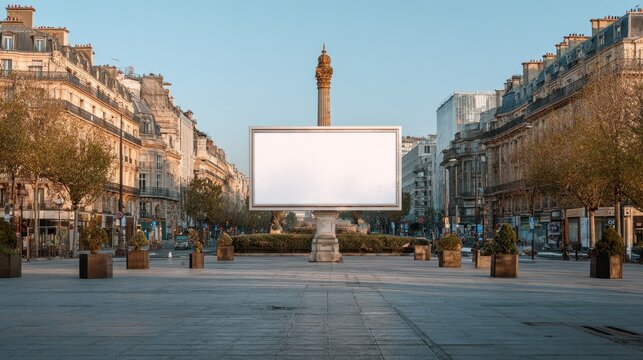 Blank horizontal billboard mockup on a classic city square street in Paris, France