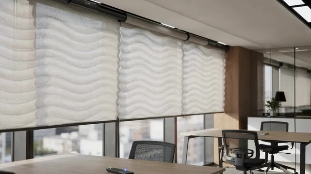 Motorized wave header drapes gently moving in sync with a remotecontrolled rail system highlighting their elegant seamless undulating pattern in a contemporary office space.