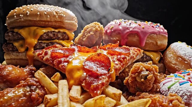 Unhealthy junk food platter with steaming cheeseburger