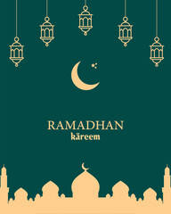 Special ramadan kareem greeting with a beautiful mosque illustration under a crescent moon
