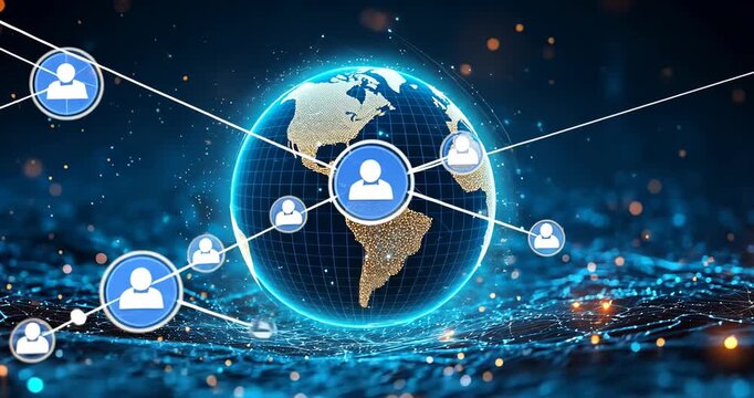 A glowing globe with a person icon represents global connection and digital technology in a futuristic style.