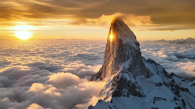 Mount Fitz Roy Peak Emerging Through Clouds at Sunset in Patagonia