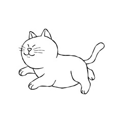 Obraz premium Cute cat running playfully, smiling face. Simple black and white hand-drawn doodle illustration