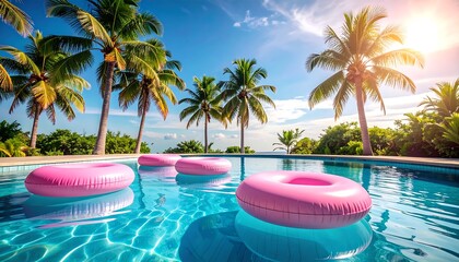 Obraz premium Sunny resort scene with a pool, pink floats, and palm trees under a vibrant blue sky, evoking a tropical summer vacation