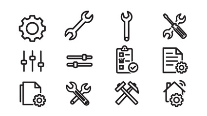 Obraz premium Toolkit Icons: Settings, Wrench, Screwdriver, Checklist, Gears, House - Vector Line Art