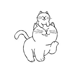 Fototapeta premium Cute cat sitting happily with a tiny kitten on its head. Simple black and white hand-drawn doodle style