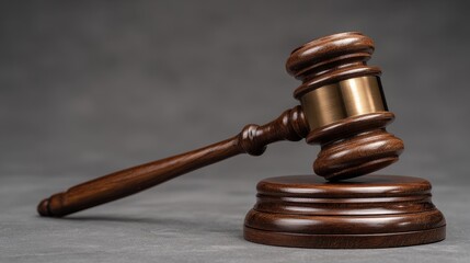 Obraz premium Wooden judge gavel and sound block on a neutral dark background, symbolizing law and justice