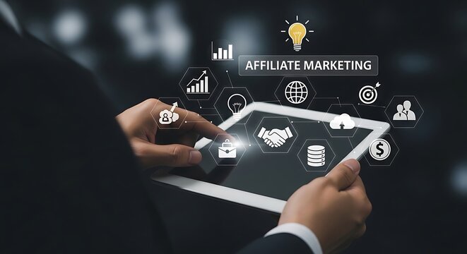 Person using tablet with affiliate marketing white outlines glowing screen