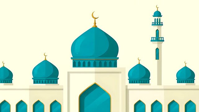 Vibrant illustration showcasing the striking turquoise domes and tall minaret of an Islamic mosque facade in a clean, simplified vector style.