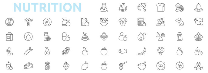 Nutrition icon set outline style with carbohydrate, vegetable, water, protein, mineral, calories, sugar, metabolism, supplement, nutrition plan, healthy food icons