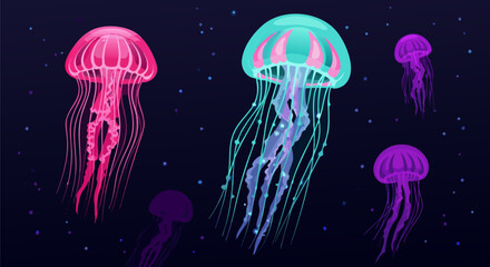 Vibrant Neon Jellyfish Swimming in Dark Ocean - Vector Illustration © PDWN Creative