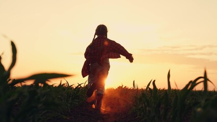 child running field sunset, agriculture, little child runs along a green field sunset countryside, walking running rubber boots, child airplane pilot dream sunset, running dust boots agriculture hero © TO LOVE