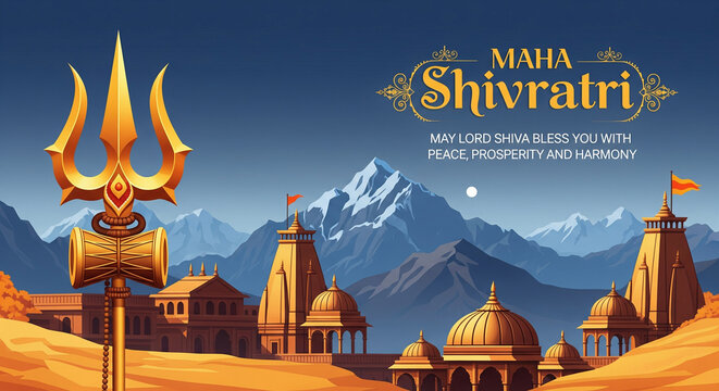 Golden trishul and temples under majestic mountain at sunset for maha shivratri festival
