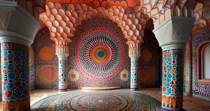 A static wide shot of an ornate interior featuring colorful mosaics, intricate patterns, and architectural details in a vibrant, artistic style.