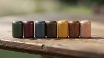 Colorful Wooden Game Pieces Aligned on Wooden Table with Blurred Green Background