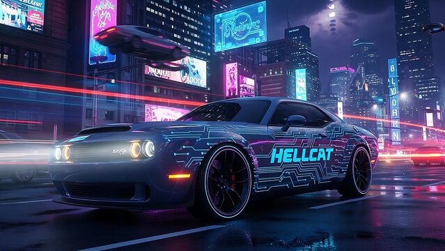 a futuristic dodge hellcat in a neon cityscape