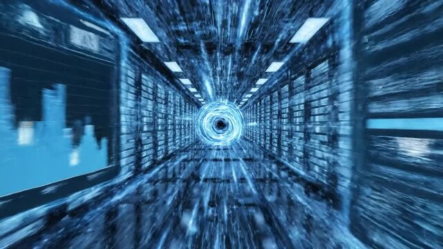 Futuristic, blue data corridor with AI displays and a central vortex, suggesting digital processing