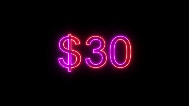 60 dollar counting number animation. Neon counts up dollar animation from 0 to 60 number. on a black background. and creating a stunning 4k video.
