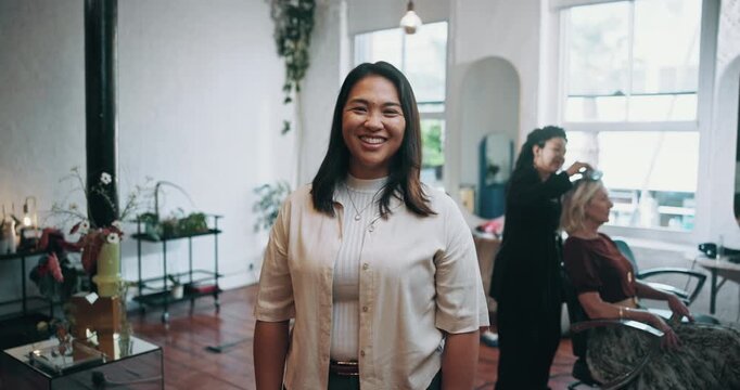 Face, happy woman and small business owner in hair salon with pride, customer service or beauty. Portrait, hairdresser or entrepreneur with smile in startup, confident or client style makeover