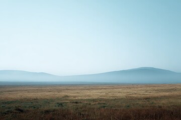 Fototapeta premium Serene landscape with misty mountains and golden grassland under soft light