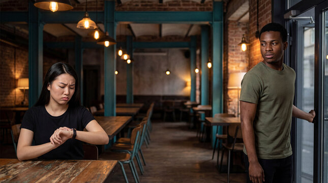 Asian woman checking watch at table while Black man in green shirt walks out exit door of industrial restaurant