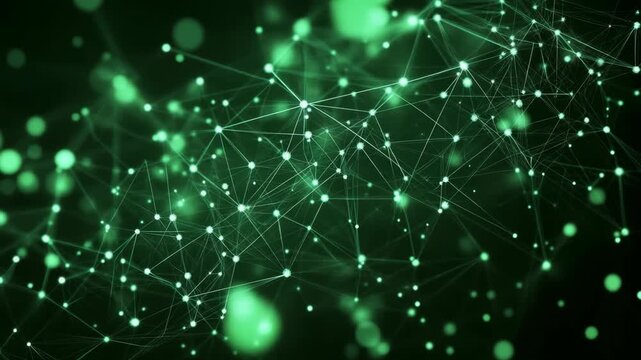 Abstract green digital network with connected glowing data points representing science, AI, and nanotechnology visualization for data flow
