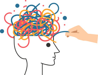 Conceptual flat vector illustration of a hand untangling messy thoughts from a human head mental health concept