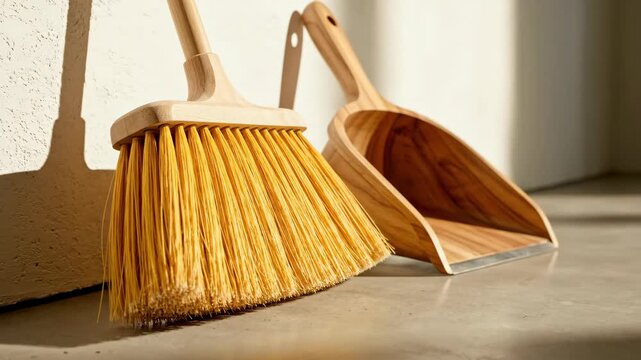 Wooden broom and dustpan leaning against a white wall in bright sunlight. Eco-friendly cleaning tools for spring cleaning and home maintenance. Housework concept