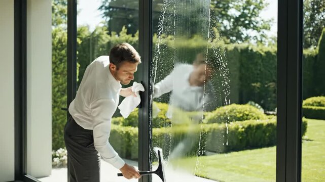 Man cleaning large window with squeegee in modern home. Professional cleaner washing glass door with soapy water. Spring cleaning and household maintenance concept