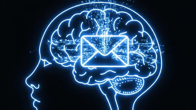 A neon outline of a human head containing a brain, with an illuminated envelope