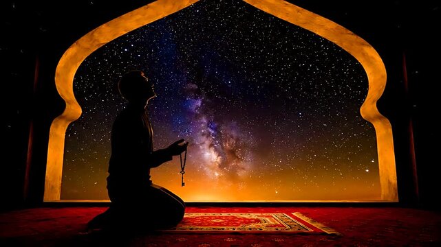 Silhouette of a Muslim man praying on a prayer rug under a brilliantly illuminated starry night sky framed by an arched doorway or niche.