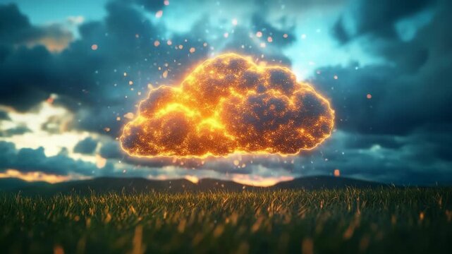 Vibrant glowing digital cloud floats above a green field with a dramatic sky illustrating cloud computing technology and digital infrastructure