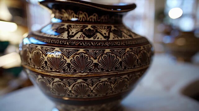 Ornate ceramic vase with brown and cream glossy finish, intricate geometric pattern pottery, handmade bowl art craft for cozy studio or artisan shop