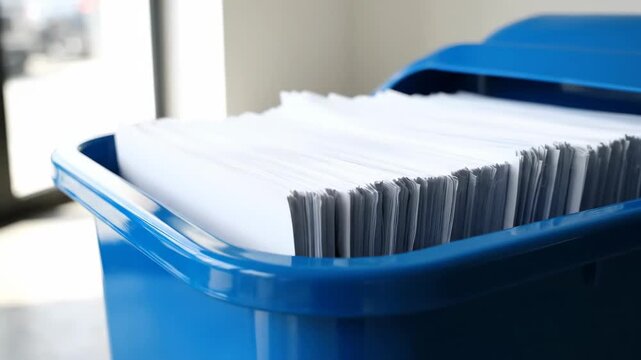 Blue recycling bin filled with white paper documents for shredding. Office organization and decluttering concept. Spring cleaning and waste disposal