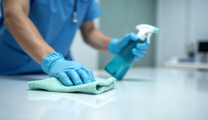 Professional cleaning and sanitization of frequently touched table surfaces in hospitals.