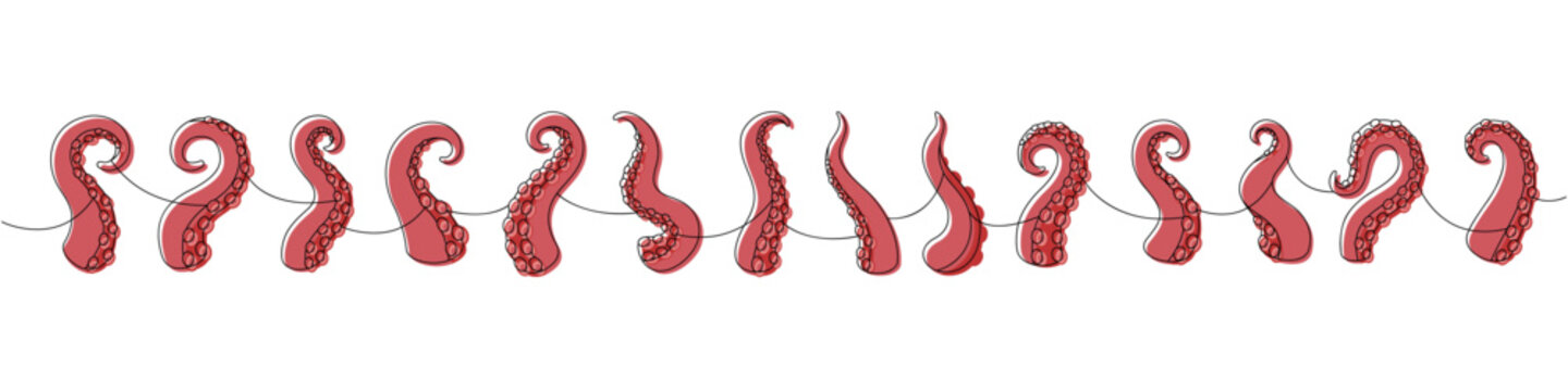 Seamless line art border of red octopus tentacles. Marine vector illustration for nautical designs, fantasy creatures, tattoos, and ocean patterns