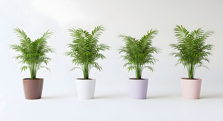 Fototapeta premium Four green fern plants in different colored pots on white background