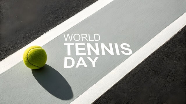 Tennis ball on court for world tennis day with shadow and white lines on black asphalt background