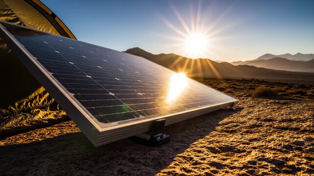 Solar Panel Powers a Tent in Arid Landscape From Day to Night