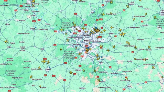 Time lapse of air traffic over Paris metropolitan area, Aviation movement visualization showing busy flight routes and urban airspace