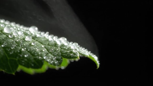 A close-up video of a vibrant green leaf covered in sparkling dew drops, contrasting with a dark background. Smoke or vapor gently wafts and swirls around the leaf's edges, fading away.